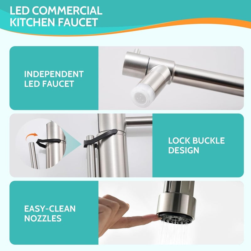 kicimpro LED Kitchen Faucet with Pull Down Sprayer, Brushed Nickel Faucet for Kitchen Sink, Single Handle High Arc 304 Stainless Steel LED Commercial Bar Kitchen Sink Faucet for 1 Hole Or 3 Hole - Image 4